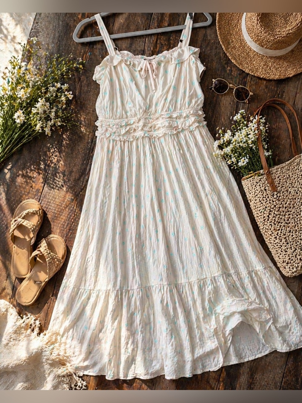 Torrid Floral Midi Dress Size 0 Cream Blue Ruffle Boho